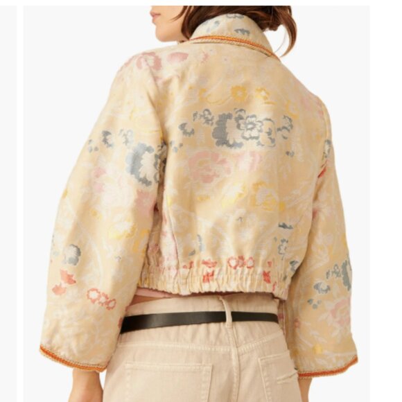 Free People Margot Floral Embroidered Crop Jacket – Golden Wheat Combo – Size XL - Picture 2 of 5